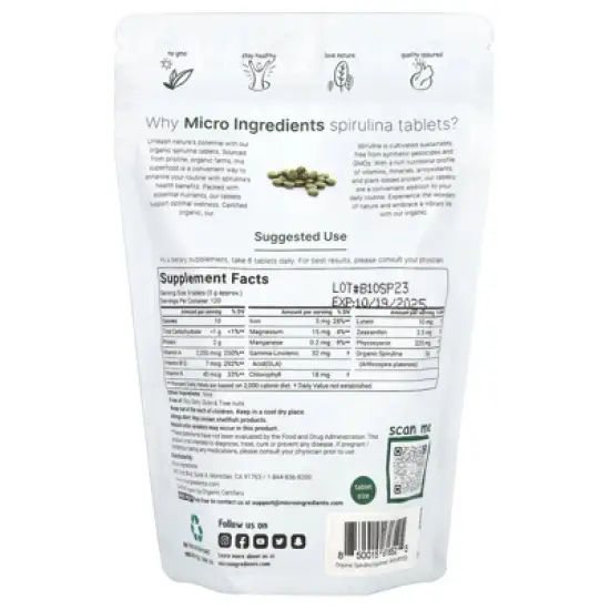 Micro Ingredients Organic Spirulina Tablet, 720 Tablets image {1}