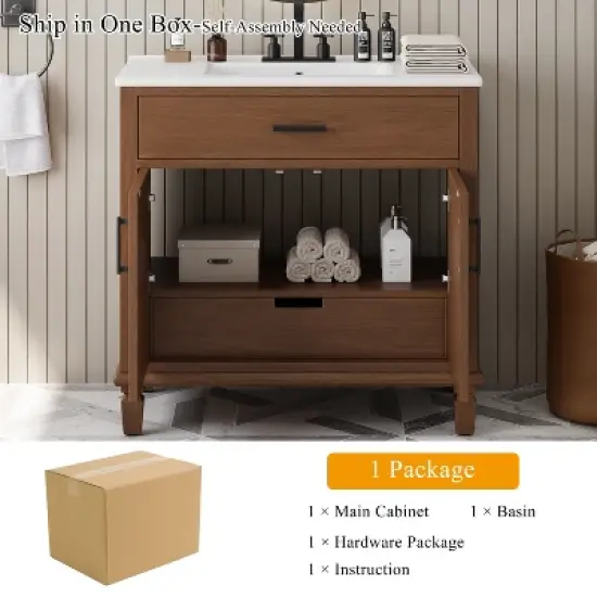 36" Rattan Bathroom Vanity with Ceramic Sink, Soft-Close Drawers & Solid Fir Legs,4" Faucet Compatible, Freestanding Vanity image {13}