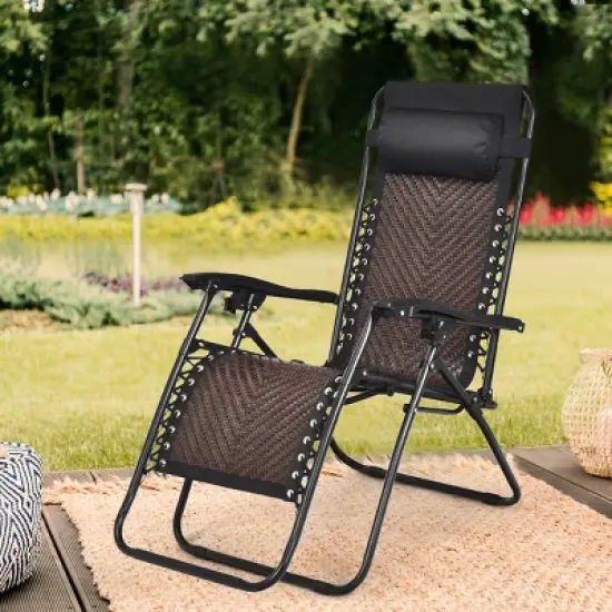 Tangkula Brown Folding Recliner Patio Rattan Zero Gravity Lounge Chair With Headrest image {1}