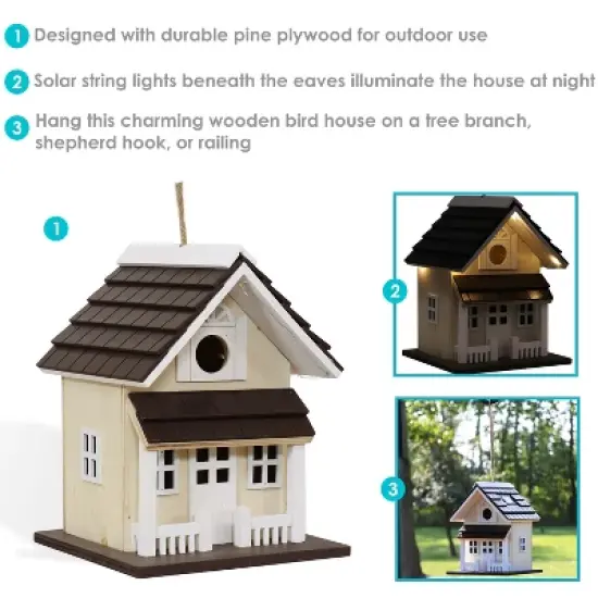 Sunnydaze 9.25" Cozy Home Wood Hanging Bird House with Solar Light Cream image {2}