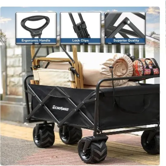 Heavy Duty 350 Lbs Capacity Collapsible Wagon, Folding Camping Wagons, Grocery Portable Utility Cart, Adjustable Rolling Carts w/Big Wheels by Boahaus image {4}