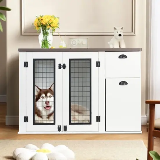 Large Dog Crate Furniture, 44'' Dog Kennel Indoor with Storage Drawers, Sturdy Wooden Dog Crate with 2 Doors and Adjustable Shelf for Small image {2}
