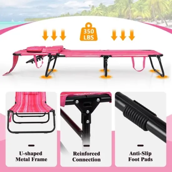 Tangkula Beach Chaise Lounge Chair w/ 5-Position Adjustable Backrest & Face Hole Pillows Pink image {1}