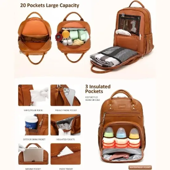 Premium Vegan Leather Diaper Bag Backpack with Waterproof Changing Pad  - Brown image {1}