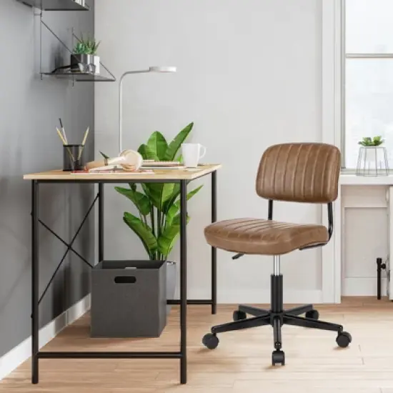 Tangkula Leisure Office Chair Mid-back Swivel Task Chair PU Leather Adjustable Armless Chair Retro Design Black / Brown image {2}