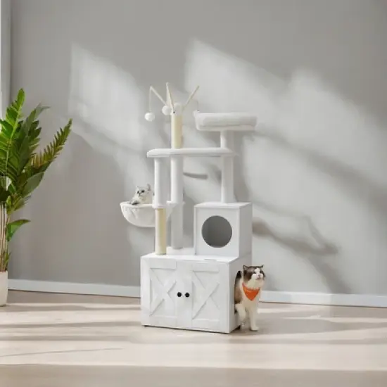 Modern Cat Tree with Litter Box Enclosure - 2-in-1 Cat Tower, 55.1-Inch Cat Condo with Scratching Posts, Removable Pompom Sticks image {5}