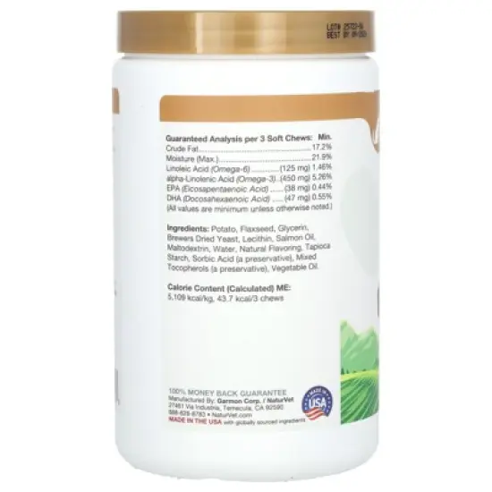 NaturVet Omega-Gold Essential Fatty Acids +Salmon Oil, For Dogs and Cats, 180 Soft Chews, 18 oz (513 g) image {1}