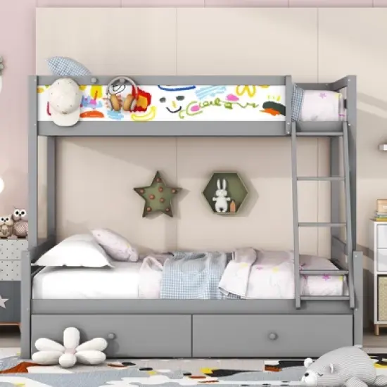 Twin over Full Bunk Bed with Whiteboard, 3 Hooks and 2 Drawers-ModernLuxe image {1}