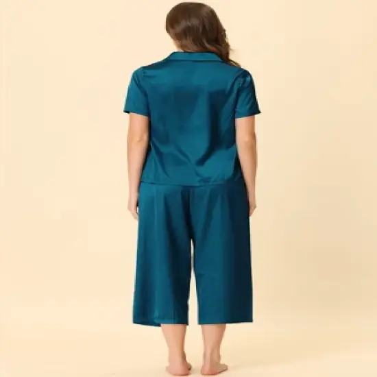 cheibear Womens Pajama Sleepwear Button Down with Capri Pants Satin Lounge Pjs Set image {2}