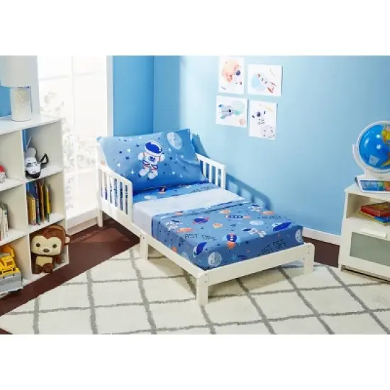 EVERYDAY KIDS 4 Piece Toddler Bedding Set - Outer Space Adventures - Includes Comforter, Flat Sheet, Fitted Sheet and Reversible Pillowcase image {4}