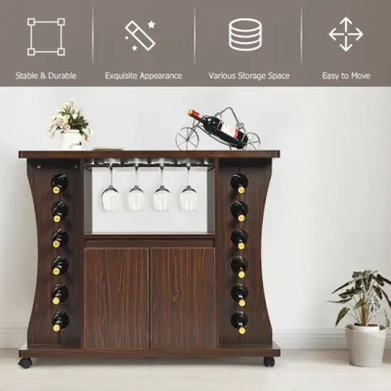 Costway Rolling Buffet Sideboard Wooden Bar Storage Cabinet w/ Wine Rack & Glass Holder image {7}