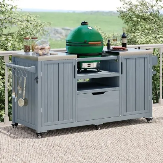 Outdoor Kitchen Island, Solid Wood Outdoor Grill Cart, Grill with Wood Frame and Stainless Steel Top, Grill with Wheels-Coolbibila image {2}