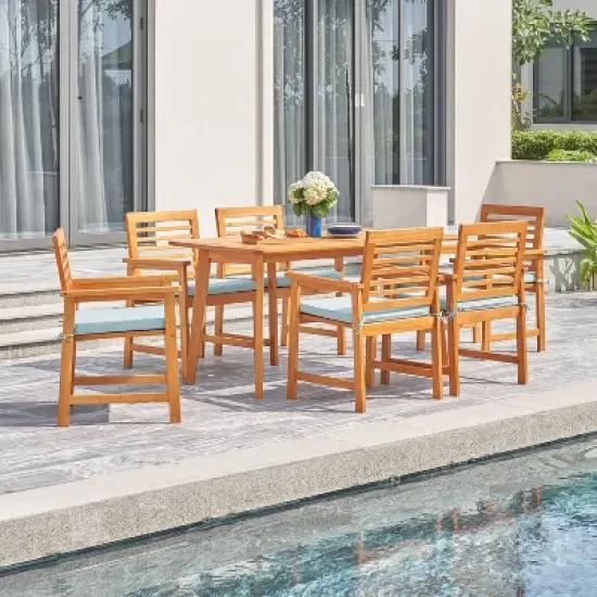 Waimea 7pc Honey Slatted Eucalyptus Wood Patio Dining Set with Cushions - Vifah image {1}