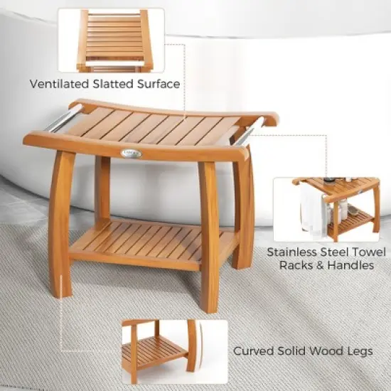 Tangkula Teak Wood Shower Bench 2-Tier Wooden Shower Stool w/ Curved Seat Handles Large image {6}