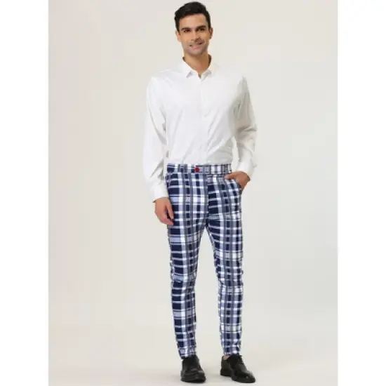 Lars Amadeus Men's Color Block Slim Fit Flat Front Plaid Dress Pants image {2}