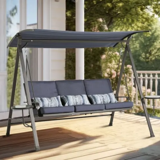 Okak 3-Seater Steel Porch Swing with Canopy,Outdoor Patio Swing Chair with Stand,Side Tables,Bench Swing for Patio,Garden,Backyard,Blue image {8}