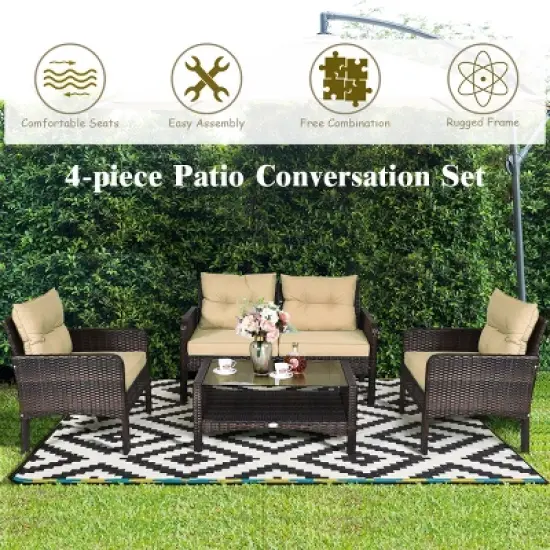 Costway 4PCS Patio Rattan Furniture Set Loveseat Sofa Coffee Table Garden W/ Cushion image {5}