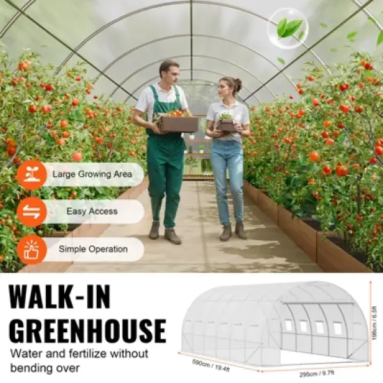 VEVOR Walk-in Tunnel Greenhouse, 19.4x9.7x6.5 ft Hoop House Greenhouse Tunnel with Galvanized Steel Frame, White PE Cover, 12 Windows image {5}