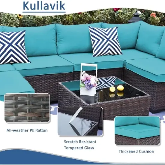 ALAULM Patio Furniture 7 Pieces Outdoor Sectional PE Rattan Sofa Set Brown Manual Wicker Patio Conversation Set image {5}