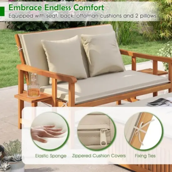 Costway Outdoor Wooden Daybed with 4-Level Backrest & Removable Cushions for Poolside image {6}