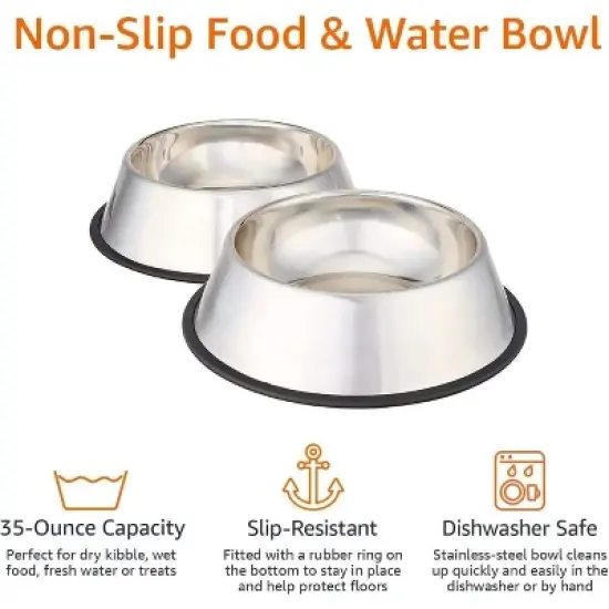 2-Pack Stainless Steel Non-Skid Pet Dog Water And Food Bowl,, Each Holds Up to 4 Cups image {2}
