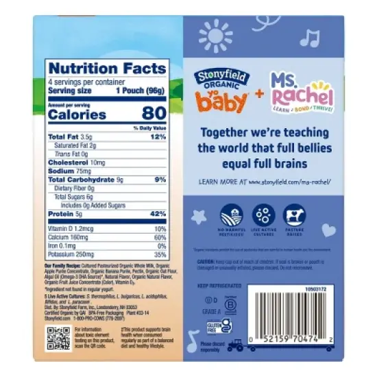 Stonyfield Organic YoBaby Whole Milk Yogurt - 4ct/3.4oz Pouches image {4}