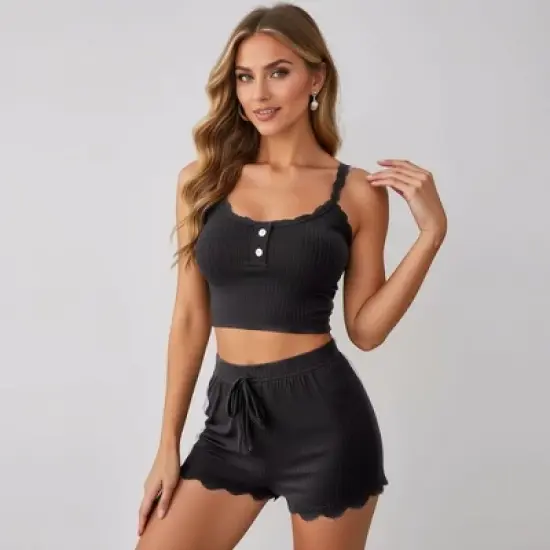 Anna-Kaci Lounge Women's Ribbed Lace Trim Pajama Set with Button Front and Drawstring Shorts image {1}