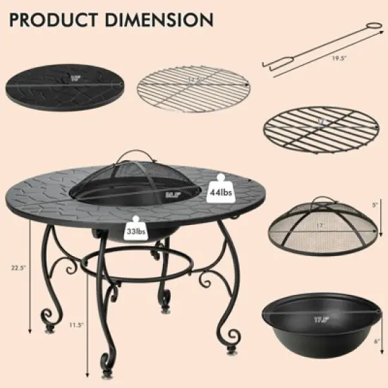 WELLFOR 35.5" Wood Burning Dining Table Outdoor Fire Table With Cover & Cook Grate W-70941 Black image {6}