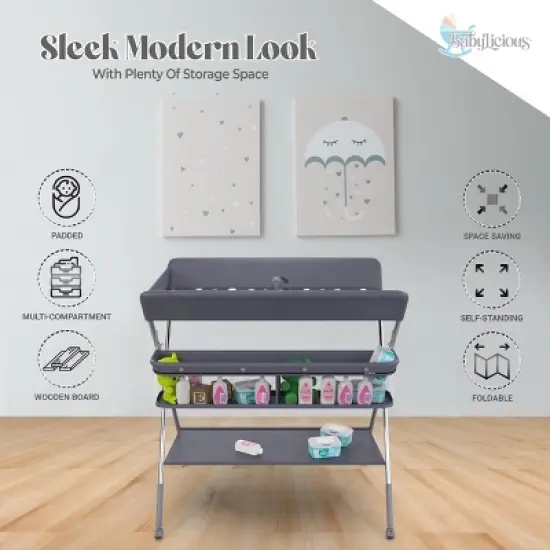 Babylicious Portable Baby Changing Table &ndash; Foldable with Wheels, Adjustable Height, Safety Belt & Large Storage Rack for Infants image {3}