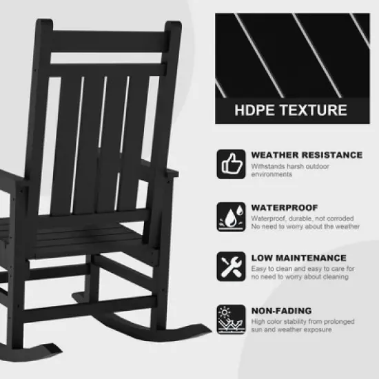 Outdoor HDPE Rocking Chairs &ndash; Oversized All-Weather Patio Rockers &ndash; Heavy Duty 350lb Capacity, Anti-Rollover Design (Black) image {6}