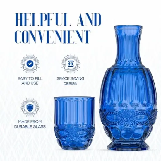 Elle Decor Bedside Water Carafe with Tumbler, 33-Ounce Pitcher and Matching Drinking Glass, Use Cup as a Lid for Carafe, Blue image {4}