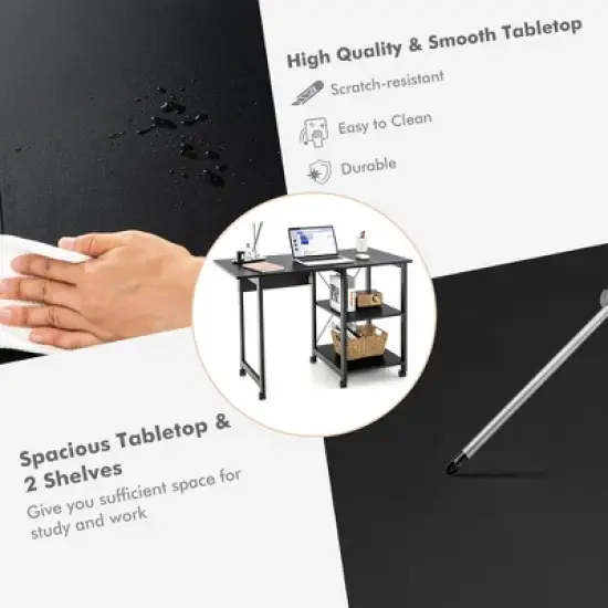 Costway Rolling Computer Desk Folding Writing Office Desk Storage Shelves Black image {7}
