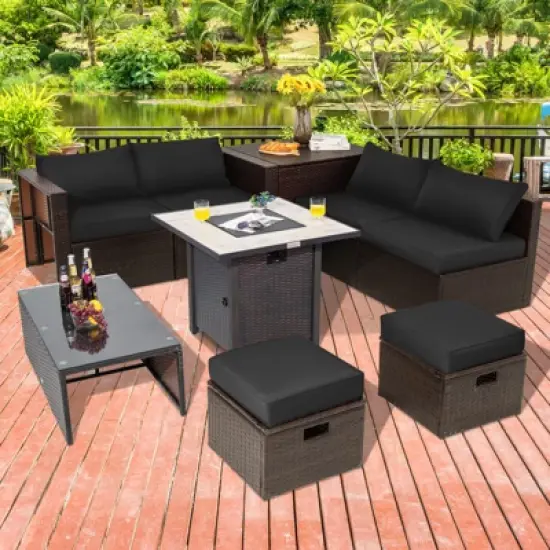 Tangkula 9 PCS Outdoor Patio Furniture Set w/ 30" Propane Fire Pit Table PE Wicker Space-Saving Sectional Sofa w/ Storage Box and Cushions Black/Gray/Navy/Red/Turquoise/Off White image {2}