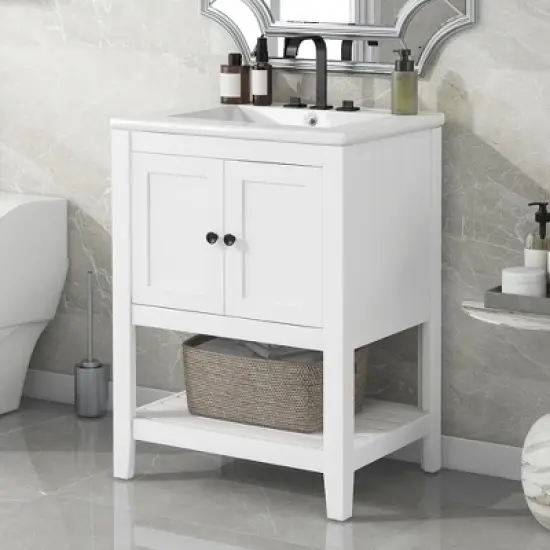 KIGFTSOD 24" White Modern Sleek Bathroom Vanity Elegant Ceramic Sink with Solid Wood Frame Open Style Shelf image {12}