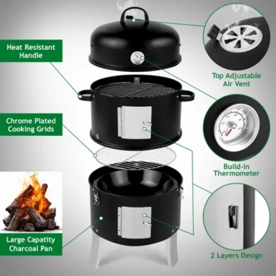 KTMBDW Vertical Steel Charcoal Smoker, Heavy Duty Double Layer Round BBQ Grill for Outdoor Cooking, Black image {3}