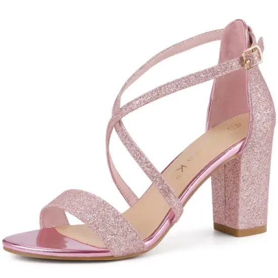 Allegra K Women's Glitter Crisscross Strap Block Heels Sandals image {9}