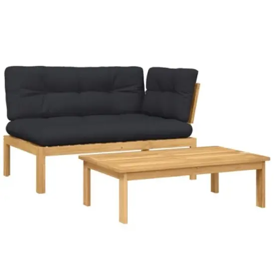 vidaXL 2 Piece Patio Pallet Sofa Set with Cushions - Solid Acacia Wood - Garden, Patio, Terrace Furniture - Modular Design - Black Cushions image {11}