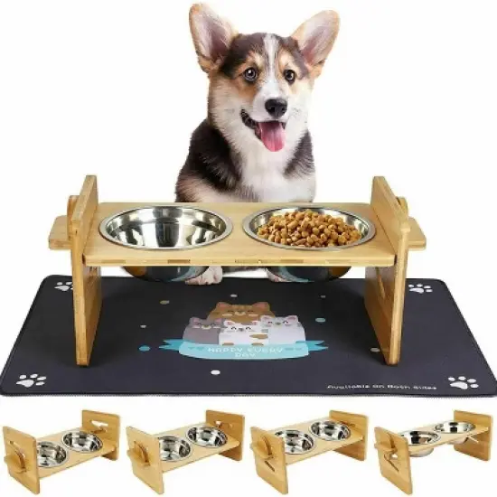 Artloge Elevated Dog Bowls Feeder Stand Bamboo 4 Level Adjustable Raised Food Water Pet Cat Feeding Station with two Bowls image {10}