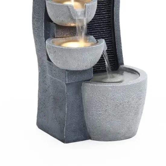 LuxenHome 26" Modern Outdoor Water Fountain with Planter and Lights, Resin Cascading Bowl Garden Waterfall Indoor and Outdoor Use Gray image {4}