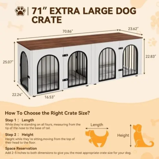 71" Dog Crate Furniture ,2 Dogs Kennel with Double Doors, Wooden Dog Crates Furniture TV Stand with Divider, Large Double Dog Crate End Table image {2}