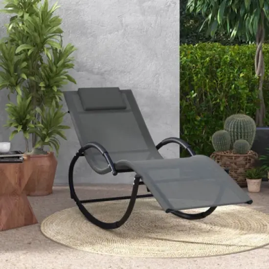 Costway 1/2 PCS Outdoor Rocking Lounge Chair with Removable Headrest Breathable Backrest & Seat Grey image {1}