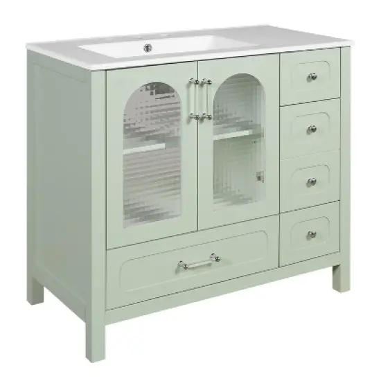 ModernLuxe 36'' Green Bathroom Vanity with Waffle Texture Glass Doors, 4 Drawers & Soft-Closing Doors, Freestanding Bathroom Storage image {8}
