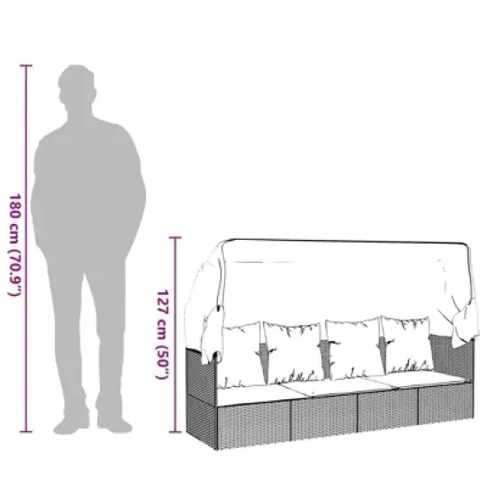 vidaXL Patio Lounge Bed with Roof & Cushions - Poly Rattan Outdoor Furniture, Adjustable Recliner, Brown/Cream White image {9}