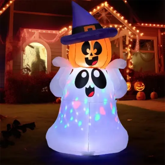 Joyfy 5 FT Halloween Inflatable Outdoor Decoration, Inflatable Playful Ghost with Pumpkin Witch Hat for Halloween Outdoor Yard Graden Lawn Decoration image {11}