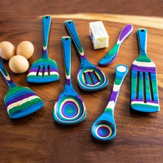 Baltique 7pc Mumbai Kitchen Utensil Set: Wood Cooking Tools, Spoon, Spurtle, Spatula, Multicolored, Hand Wash image {1}