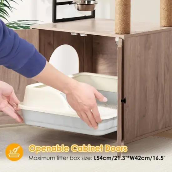 Kumasinova Modern Cat Tree Tower with Litter Box Enclosure,Cat Tower with Scratching Post&Feeding Bowl,Cat Trees with Removable Teaser Wand,Gray+White image {4}