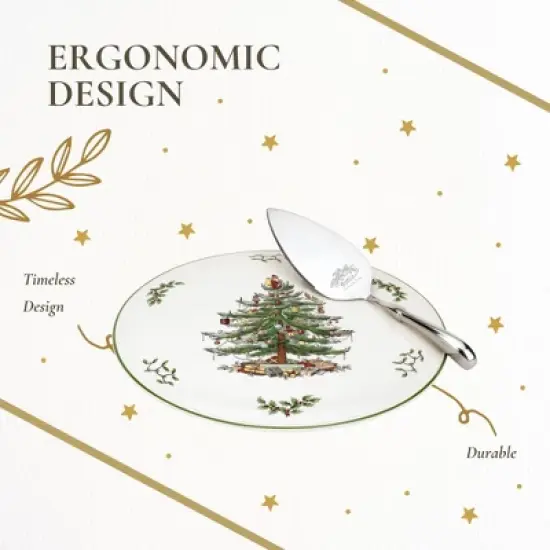 Portmeirion Spode Christmas Tree Cake Plate & Server Set - 11.5 Inch Fine Porcelain Cake Plate with Stainless Steel Server for Holiday Parties image {5}