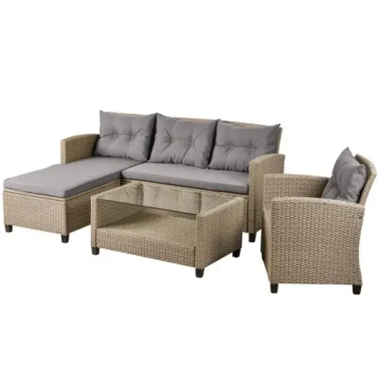 4pc Wicker Patio Conversation Set with Cushions - Beige/Brown - GODEER image {5}