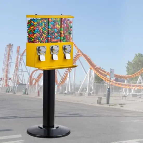 VEVOR Commercial Vending Machine, Triple Compartment Candy Dispenser with Iron Stand, Gumball and Candy Machine for Business, Yellow image {1}