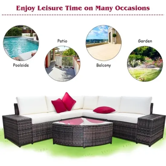 Costway 6PCS Rattan Furniture Set Conversation Cushioned Sofa Armrest Garden Turquoise\White image {4}